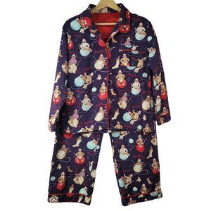 Nick & Nora Sock Monkey Flannel Pajama Set Blue Large Long Sleeve Pants Pull On